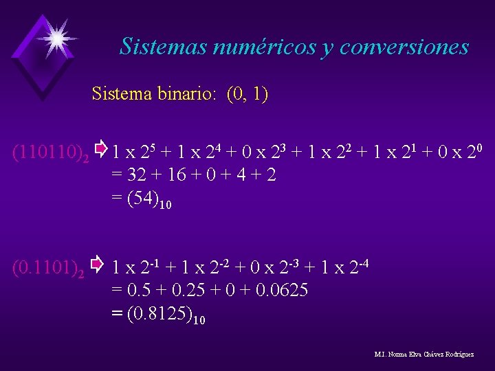 Sistemas numéricos y conversiones Sistema binario: (0, 1) (110110)2 1 x 25 + 1 Sistemas numéricos y conversiones Sistema binario: (0, 1) (110110)2 1 x 25 + 1