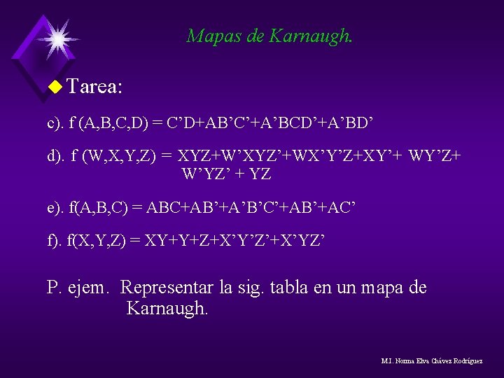 Mapas de Karnaugh. u Tarea: c). f (A, B, C, D) = C’D+AB’C’+A’BCD’+A’BD’ d). Mapas de Karnaugh. u Tarea: c). f (A, B, C, D) = C’D+AB’C’+A’BCD’+A’BD’ d).