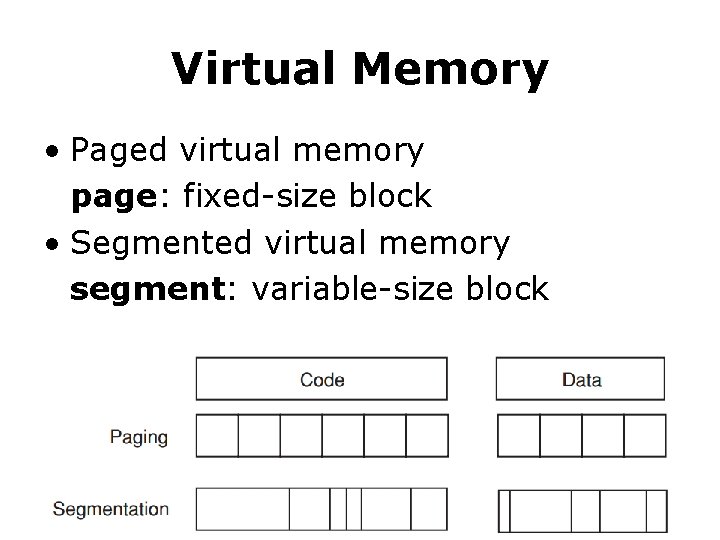Virtual Memory • Paged virtual memory page: fixed-size block • Segmented virtual memory segment: