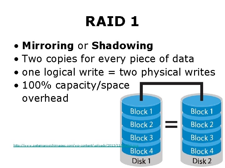 RAID 1 • Mirroring or Shadowing • Two copies for every piece of data