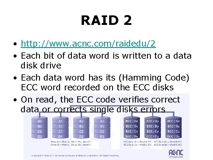 RAID 2 • http: //www. acnc. com/raidedu/2 • Each bit of data word is