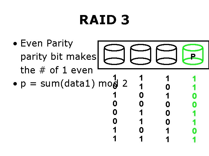 RAID 3 • Even Parity parity bit makes the # of 1 even 1