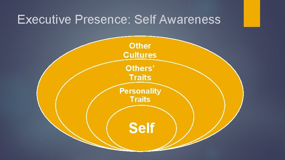 Executive Presence: Self Awareness Other Cultures Others’ Traits Personality Traits Self 