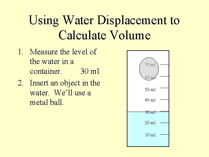 Using Water Displacement to Calculate Volume 1. Measure the level of the water in