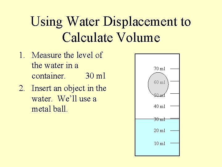 Using Water Displacement to Calculate Volume 1. Measure the level of the water in