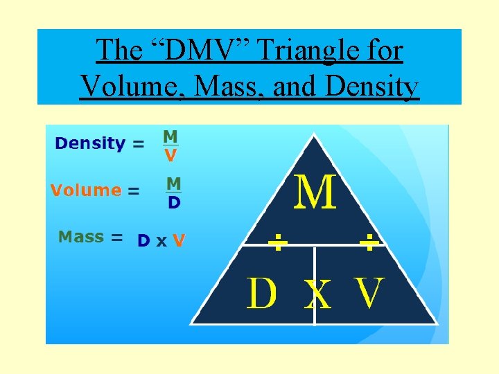 The “DMV” Triangle for Volume, Mass, and Density 