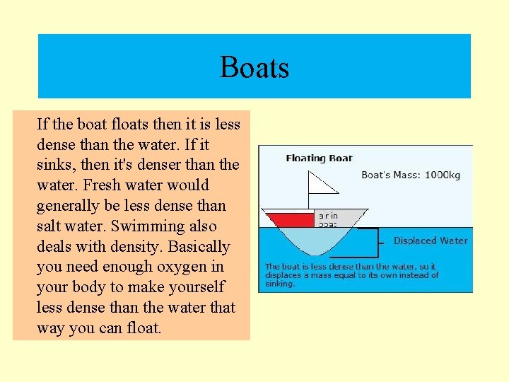 Boats If the boat floats then it is less dense than the water. If