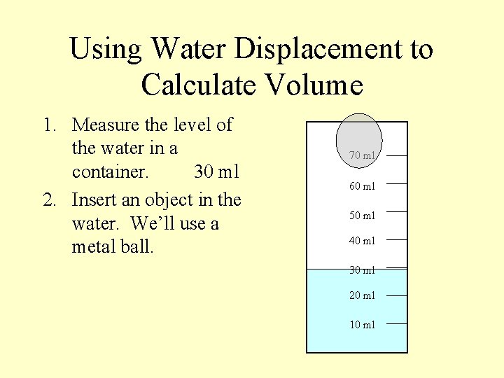 Using Water Displacement to Calculate Volume 1. Measure the level of the water in