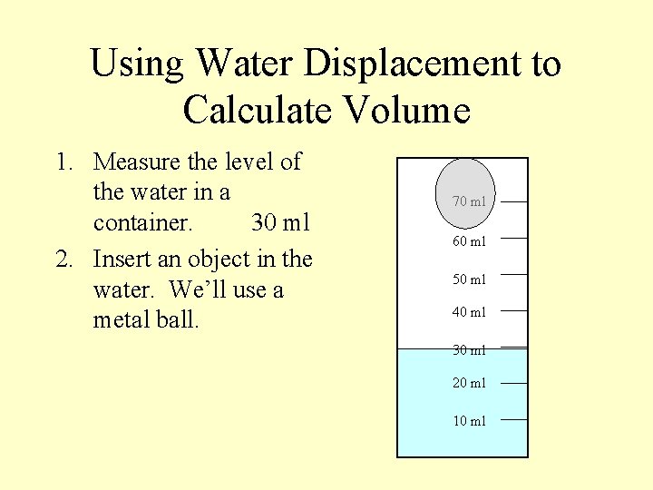 Using Water Displacement to Calculate Volume 1. Measure the level of the water in