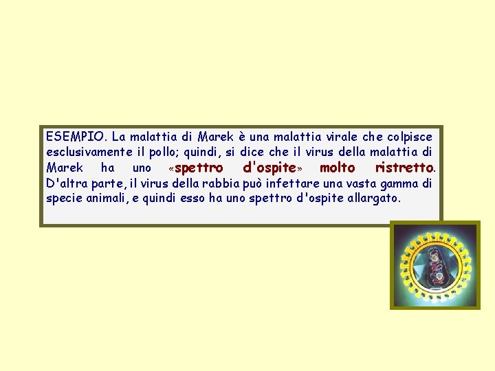 ESEMPIO. La malattia di Marek è una malattia virale che colpisce esclusivamente il pollo;