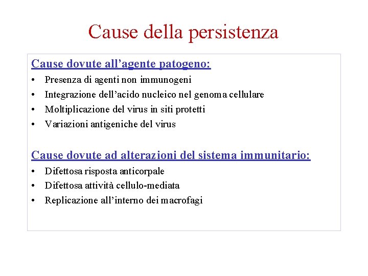 Cause della persistenza Cause dovute all’agente patogeno: • • Presenza di agenti non immunogeni