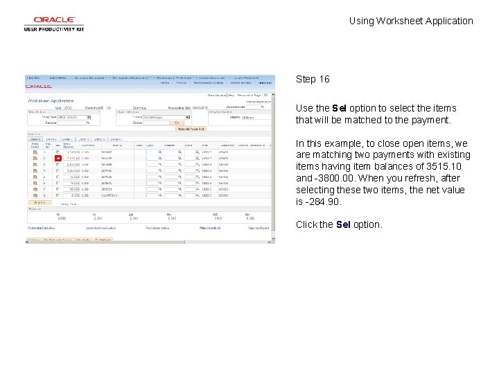 Using Worksheet Application Step 16 Use the Sel option to select the items that