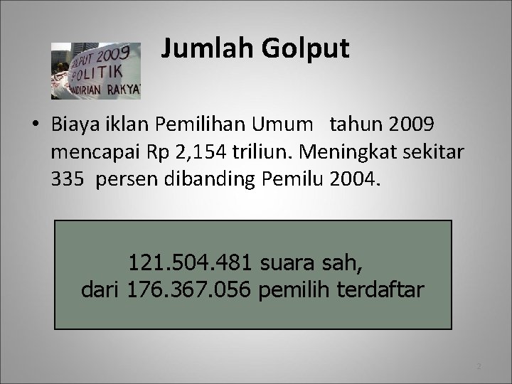 Jumlah Golput • Biaya iklan Pemilihan Umum tahun 2009 mencapai Rp 2, 154 triliun. Jumlah Golput • Biaya iklan Pemilihan Umum tahun 2009 mencapai Rp 2, 154 triliun.