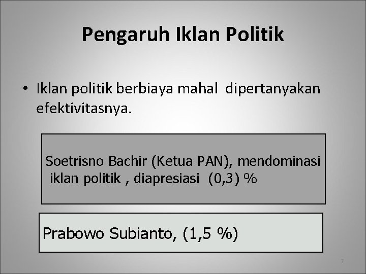 Pengaruh Iklan Politik • Iklan politik berbiaya mahal dipertanyakan efektivitasnya. Soetrisno Bachir (Ketua PAN),