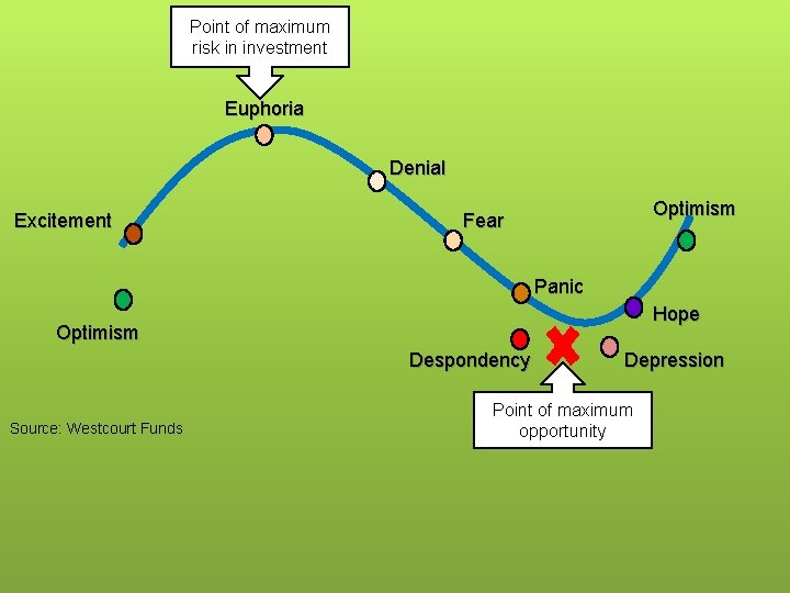Point of maximum risk in investment Euphoria Denial Excitement Optimism Fear Panic Hope Optimism