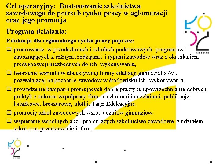 Cel operacyjny: Dostosowanie szkolnictwa zawodowego do potrzeb rynku pracy w aglomeracji oraz jego promocja