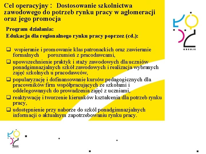 Cel operacyjny : Dostosowanie szkolnictwa zawodowego do potrzeb rynku pracy w aglomeracji oraz jego