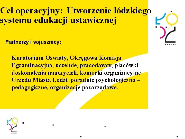 Cel operacyjny: Utworzenie łódzkiego systemu edukacji ustawicznej Partnerzy i sojusznicy: Kuratorium Oświaty, Okręgowa Komisja Cel operacyjny: Utworzenie łódzkiego systemu edukacji ustawicznej Partnerzy i sojusznicy: Kuratorium Oświaty, Okręgowa Komisja