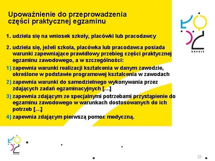 Upoważnienie do przeprowadzenia części praktycznej egzaminu 1. udziela się na wniosek szkoły, placówki lub