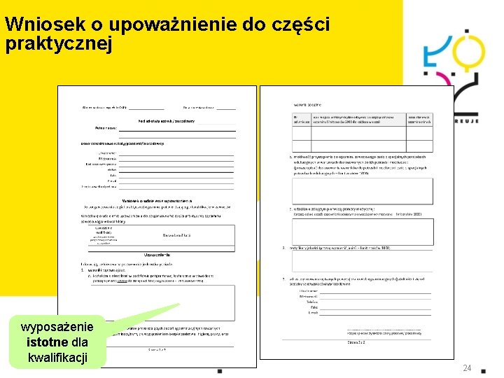 Wniosek o upoważnienie do części praktycznej wyposażenie istotne dla kwalifikacji 24 24 