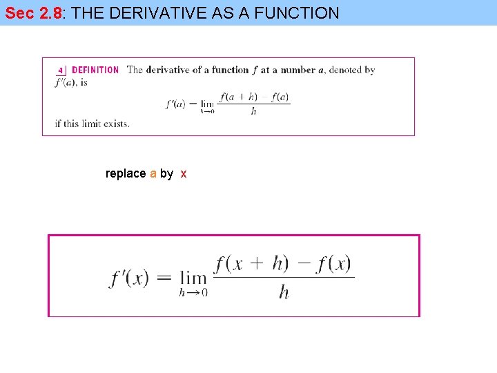 Sec 2. 8: THE DERIVATIVE AS A FUNCTION replace a by x 