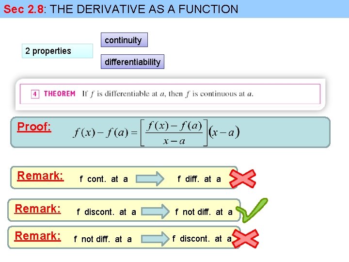 Sec 2. 8: THE DERIVATIVE AS A FUNCTION continuity 2 properties differentiability Proof: Remark: