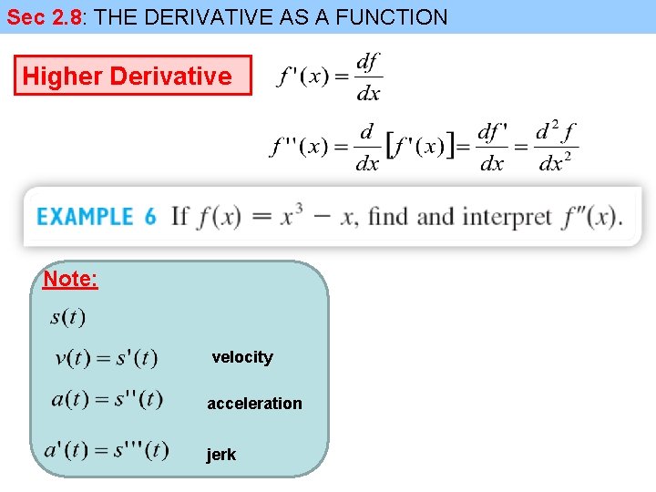 Sec 2. 8: THE DERIVATIVE AS A FUNCTION Higher Derivative Note: velocity acceleration jerk