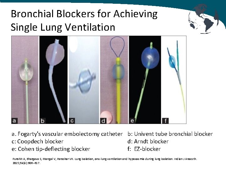 Bronchial Blockers for Achieving Single Lung Ventilation a. Fogarty's vascular embolectomy catheter b: Univent