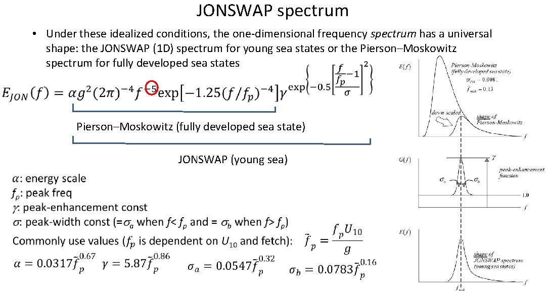 JONSWAP spectrum • Under these idealized conditions, the one-dimensional frequency spectrum has a universal JONSWAP spectrum • Under these idealized conditions, the one-dimensional frequency spectrum has a universal