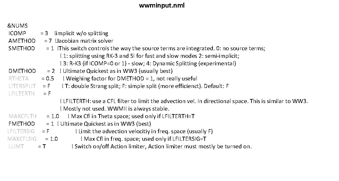 wwminput. nml &NUMS ICOMP = 3 !implicit w/o splitting AMETHOD = 7 !Jacobian matrix wwminput. nml &NUMS ICOMP = 3 !implicit w/o splitting AMETHOD = 7 !Jacobian matrix