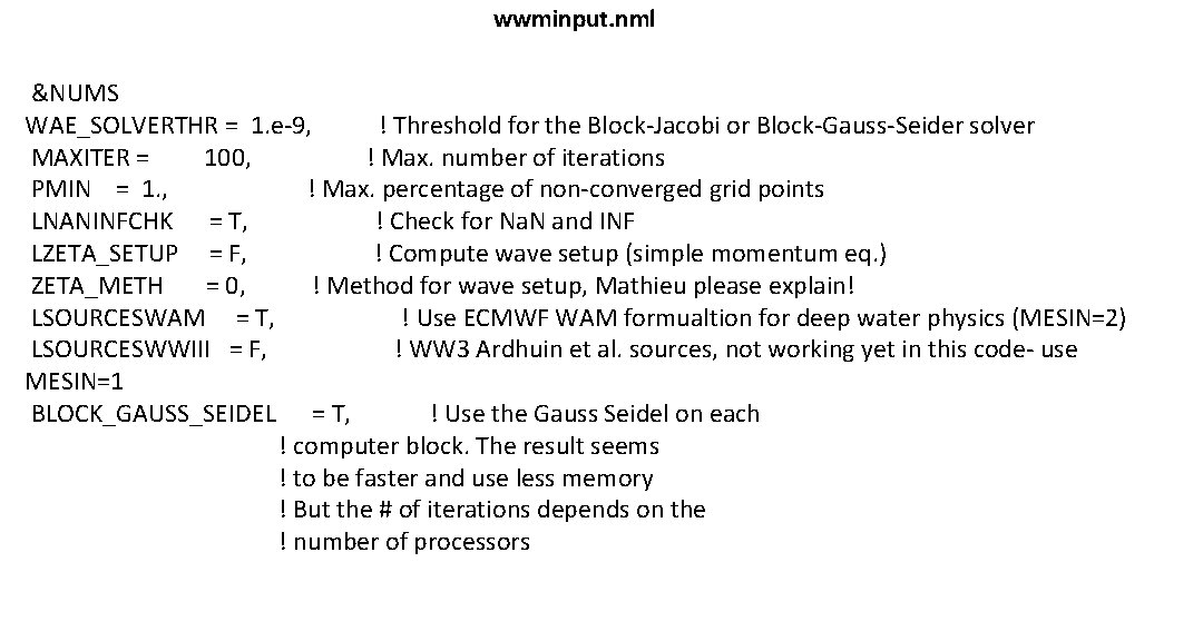 wwminput. nml &NUMS WAE_SOLVERTHR = 1. e-9, ! Threshold for the Block-Jacobi or Block-Gauss-Seider wwminput. nml &NUMS WAE_SOLVERTHR = 1. e-9, ! Threshold for the Block-Jacobi or Block-Gauss-Seider