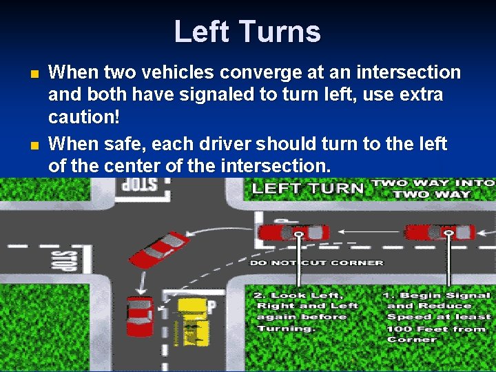 Left Turns n n When two vehicles converge at an intersection and both have