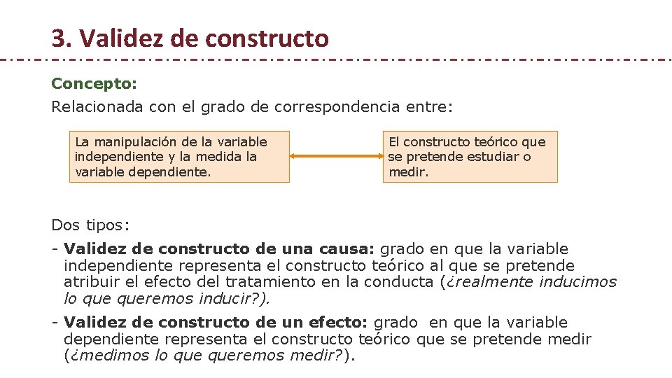 3. Validez de constructo Concepto: Relacionada con el grado de correspondencia entre: La manipulación 3. Validez de constructo Concepto: Relacionada con el grado de correspondencia entre: La manipulación