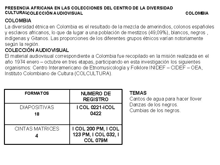 PRESENCIA AFRICANA EN LAS COLECCIONES DEL CENTRO DE LA DIVERSIDAD CULTURALCOLECCIÓN AUDIOVISUAL COLOMBIA La