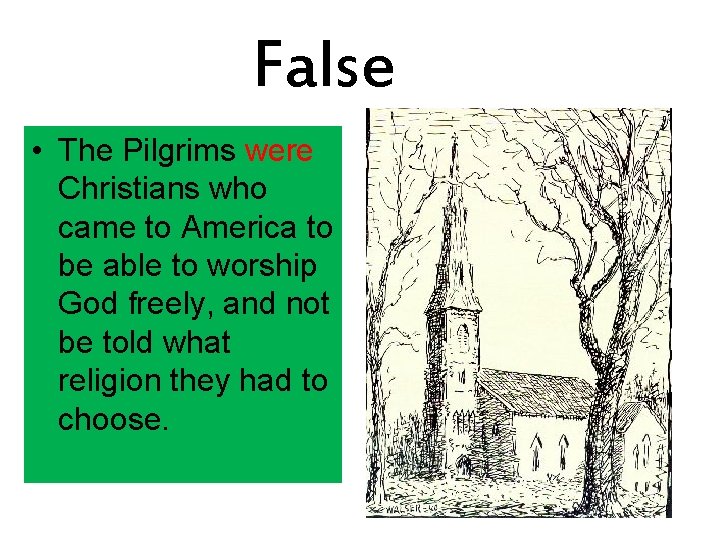 False • The Pilgrims were Christians who came to America to be able to