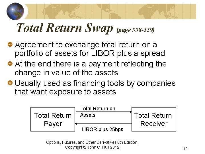 Total Return Swap (page 558 -559) Agreement to exchange total return on a portfolio