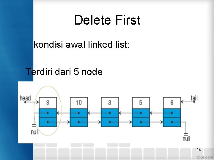 Delete First kondisi awal linked list: Terdiri dari 5 node 49 