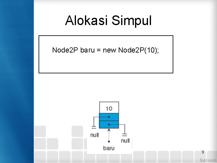 Alokasi Simpul Node 2 P baru = new Node 2 P(10); 9 Alokasi Simpul Node 2 P baru = new Node 2 P(10); 9