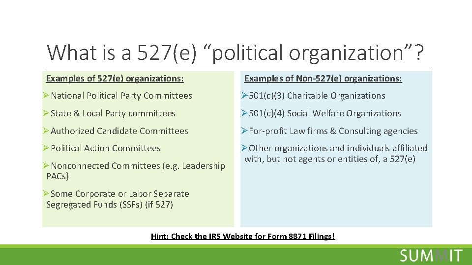 What is a 527(e) “political organization”? Examples of 527(e) organizations: Examples of Non-527(e) organizations: