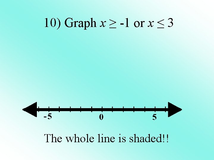 10) Graph x ≥ -1 or x ≤ 3 The whole line is shaded!!