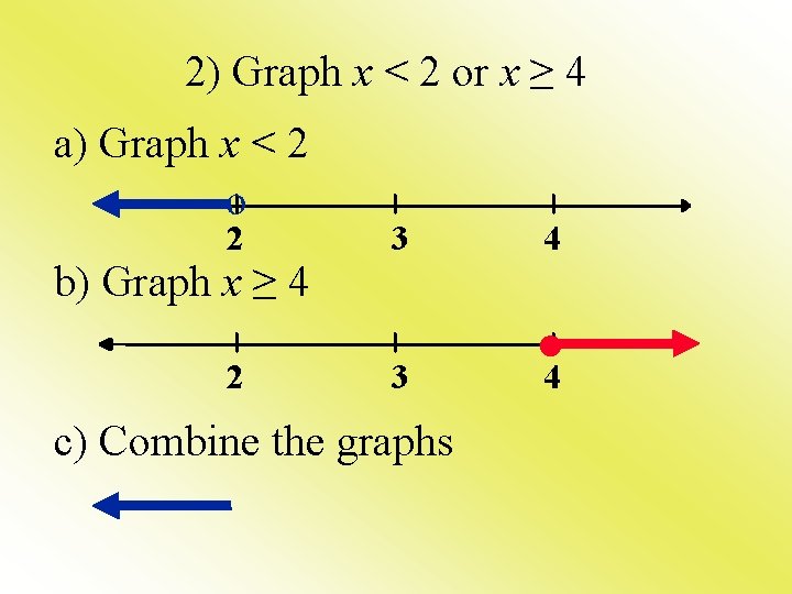 2) Graph x < 2 or x ≥ 4 a) Graph x < 2