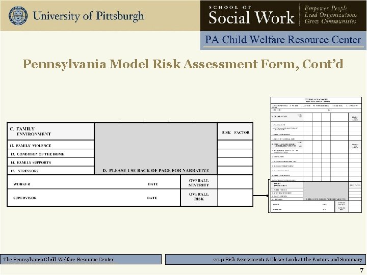 Pennsylvania Model Risk Assessment Form, Cont’d The Pennsylvania Child Welfare Resource Center 204: Risk