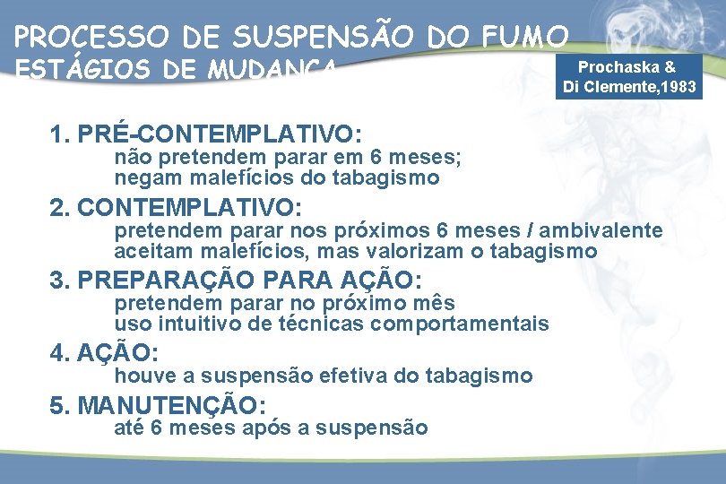 PROCESSO DE SUSPENSÃO DO FUMO ESTÁGIOS DE MUDANÇA Prochaska & Di Clemente, 1983 1.