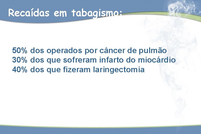 Recaídas em tabagismo: 50% dos operados por câncer de pulmão 30% dos que sofreram