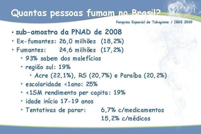 Quantas pessoas fumam no Brasil? Pesquisa Especial de Tabagismo / IBGE 2009 • sub-amostra