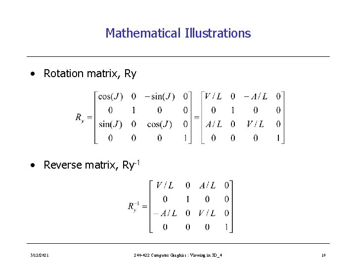 Mathematical Illustrations • Rotation matrix, Ry • Reverse matrix, Ry-1 3/12/2021 240 -422 Computer