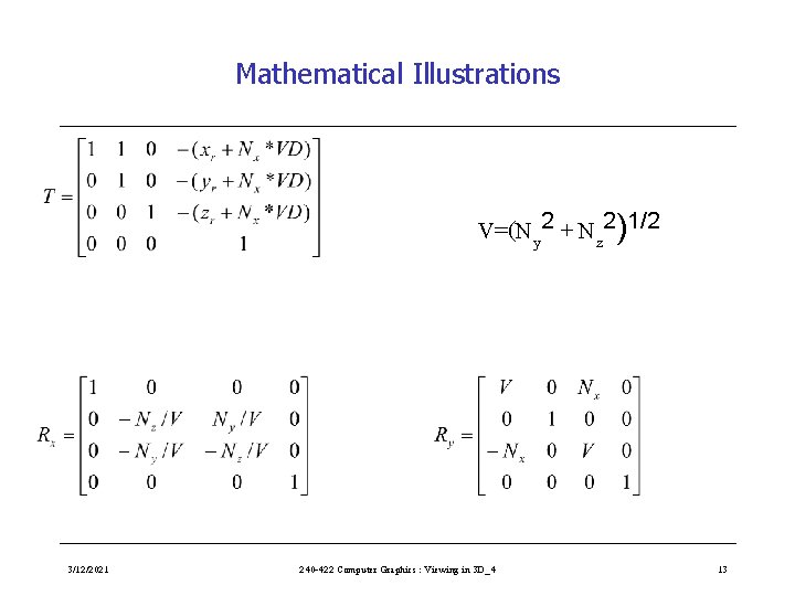 Mathematical Illustrations V=(Ny 2 + Nz 2)1/2 3/12/2021 240 -422 Computer Graphics : Viewing