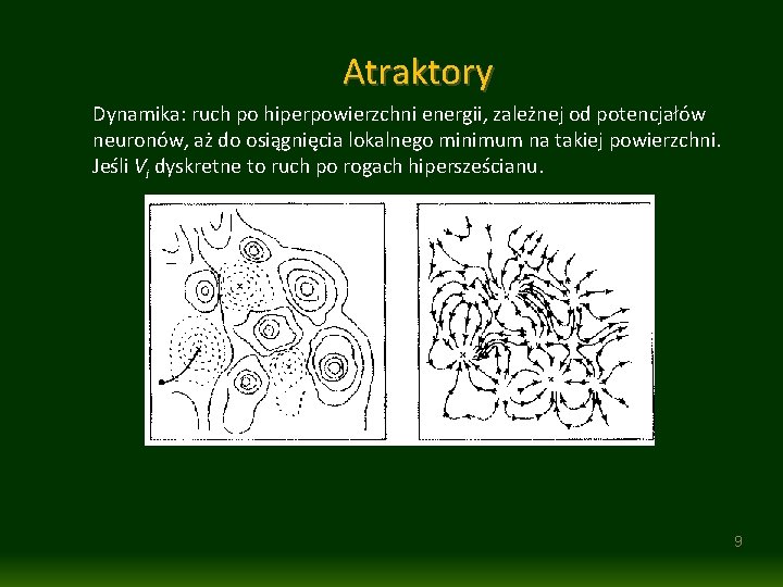 Atraktory Dynamika: ruch po hiperpowierzchni energii, zależnej od potencjałów neuronów, aż do osiągnięcia lokalnego