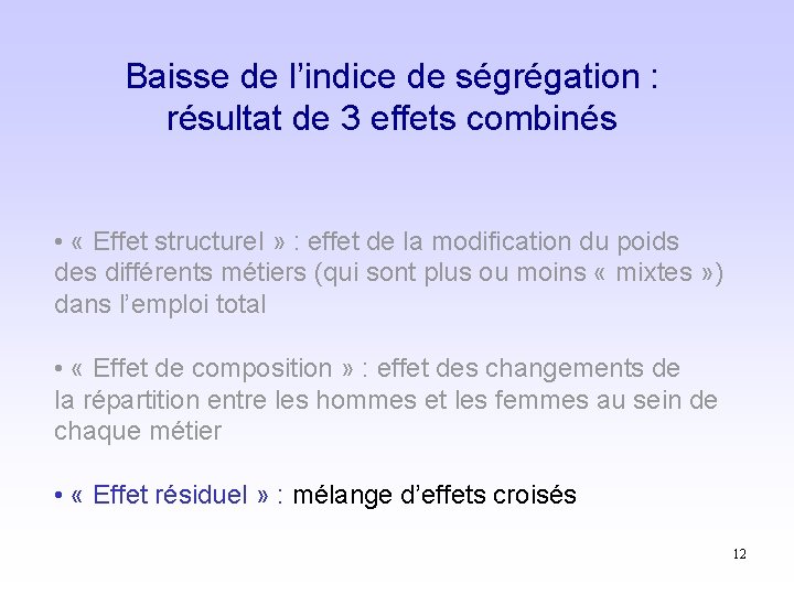 Baisse de l’indice de ségrégation : résultat de 3 effets combinés • « Effet