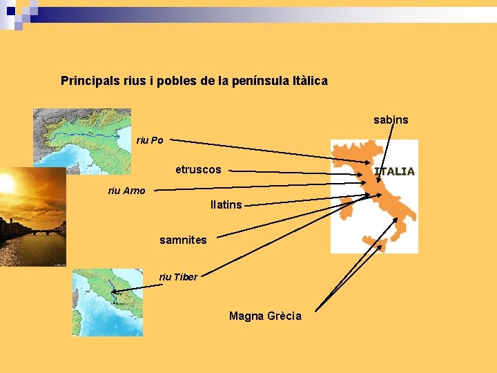 Principals rius i pobles de la península Itàlica sabins riu Po etruscos riu Arno